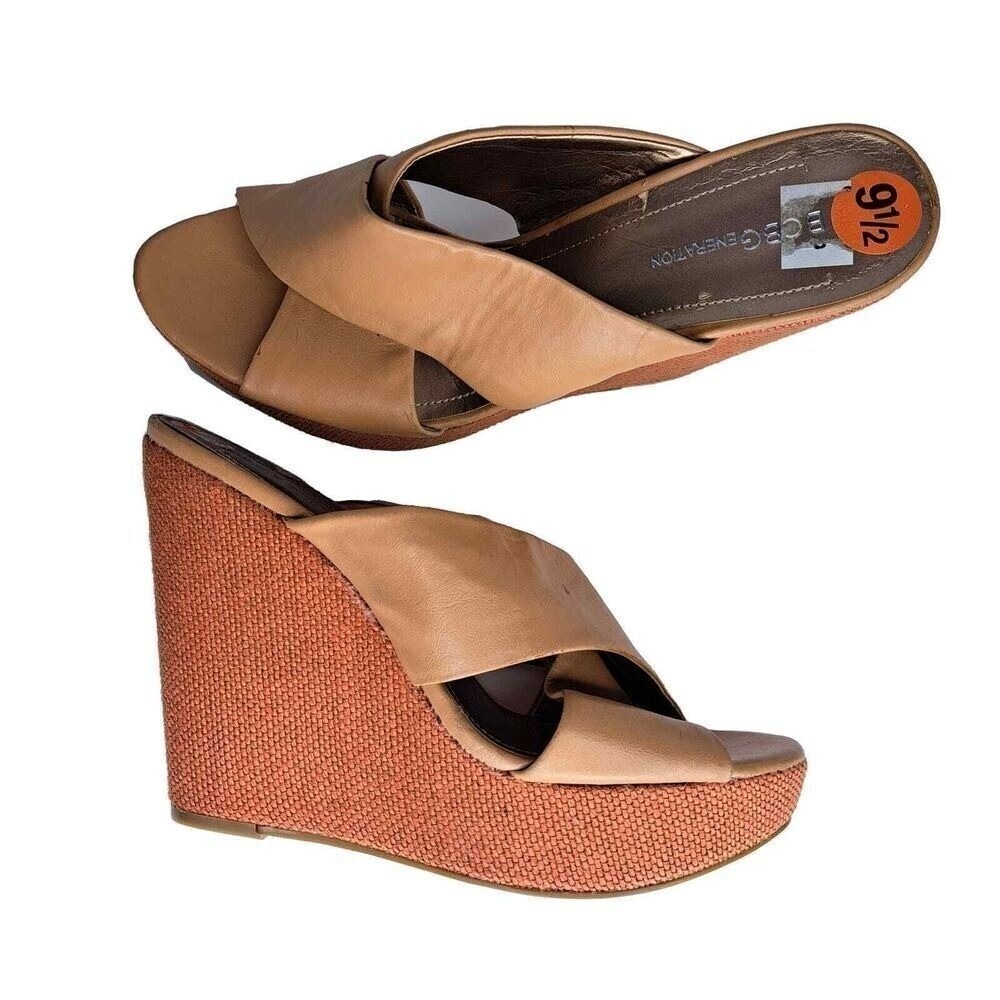 BCBG Wedge Sandals‎ Women 9.5 Tan Orange Platform Strappy Heels Boho Chic Summer